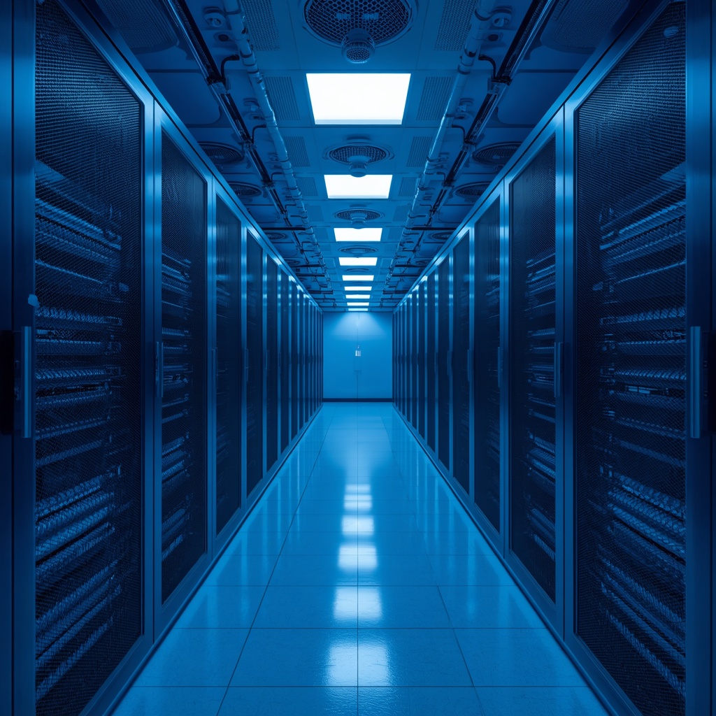 Modern cloud data center with blue server racks and fiber optic cables